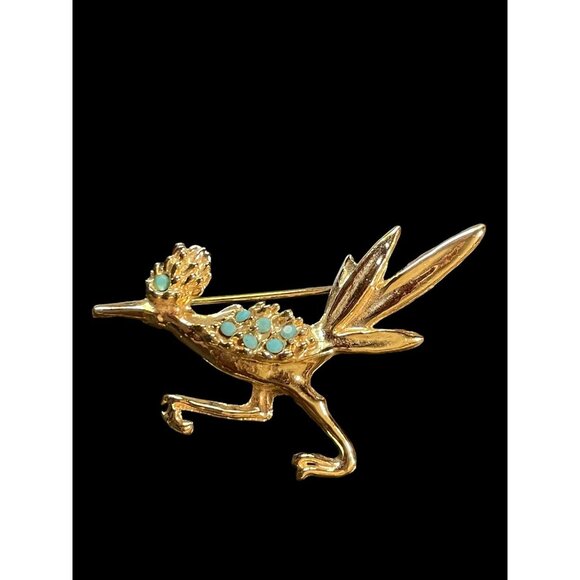 Vintage Gold Tone and Turquoise New Mexico Road Runner Bird Fashion Brooch Pin - Picture 1 of 4